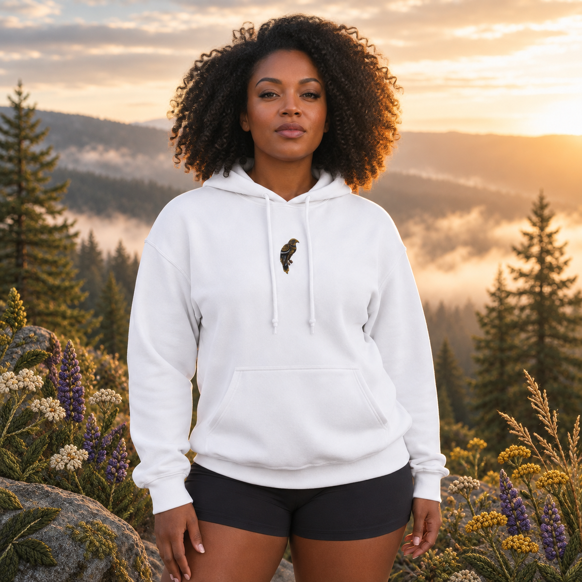 Hawk Hoodie in White – Bright Future product image — realistic model in an embroidered nature scene.