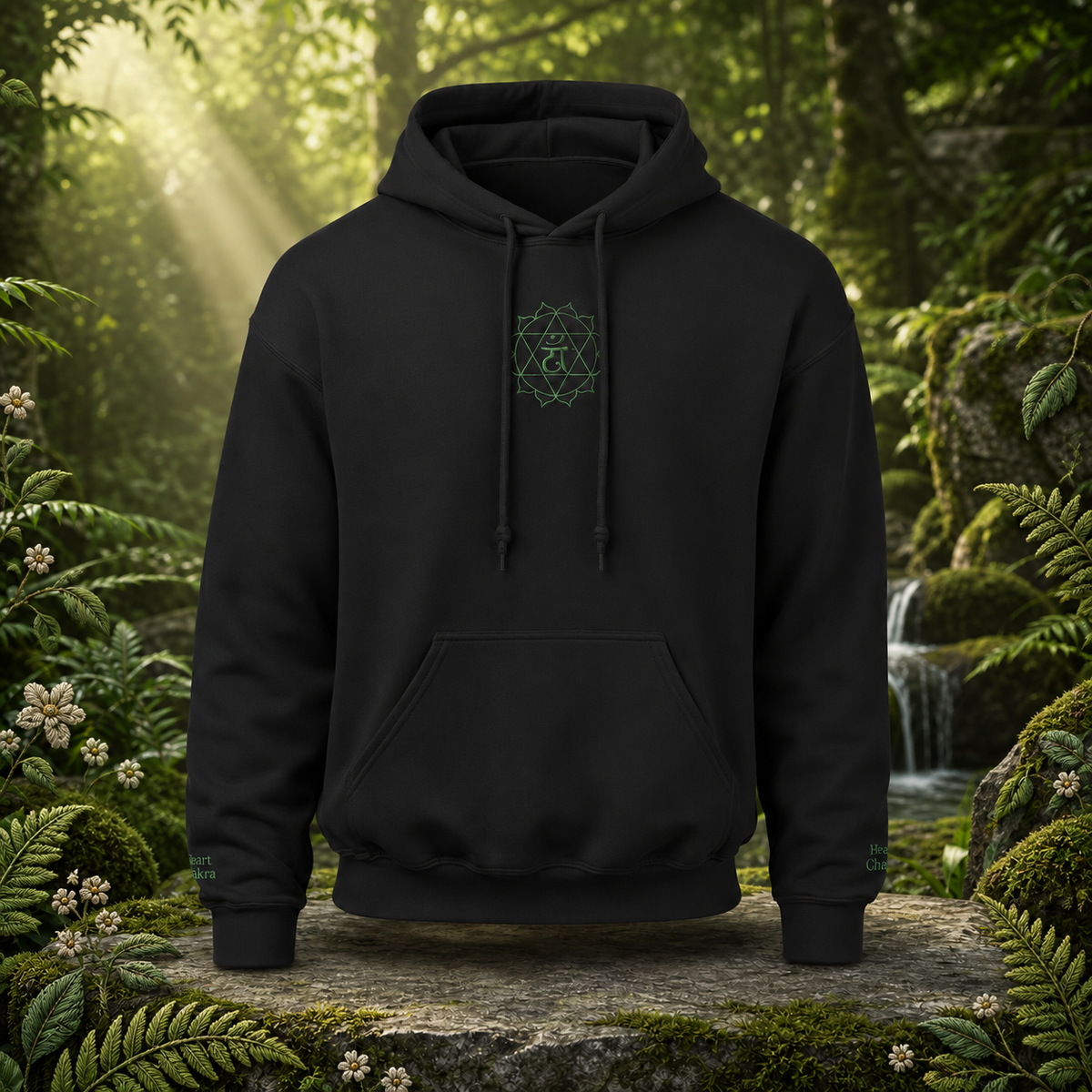 Heart Chakra Hoodie in Black – Bright Future product image — original product in a realistic nature scene with embroidered environmental details.