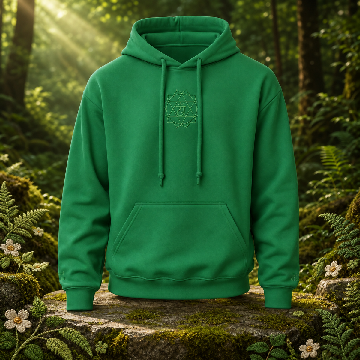 Heart Chakra Hoodie in Green – Bright Future product image — original product in a realistic nature scene with embroidered environmental details.