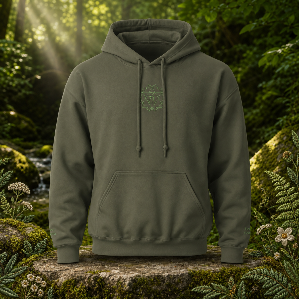 Heart Chakra Hoodie in Military Green – Bright Future product image — original product in a realistic nature scene with embroidered environmental details.