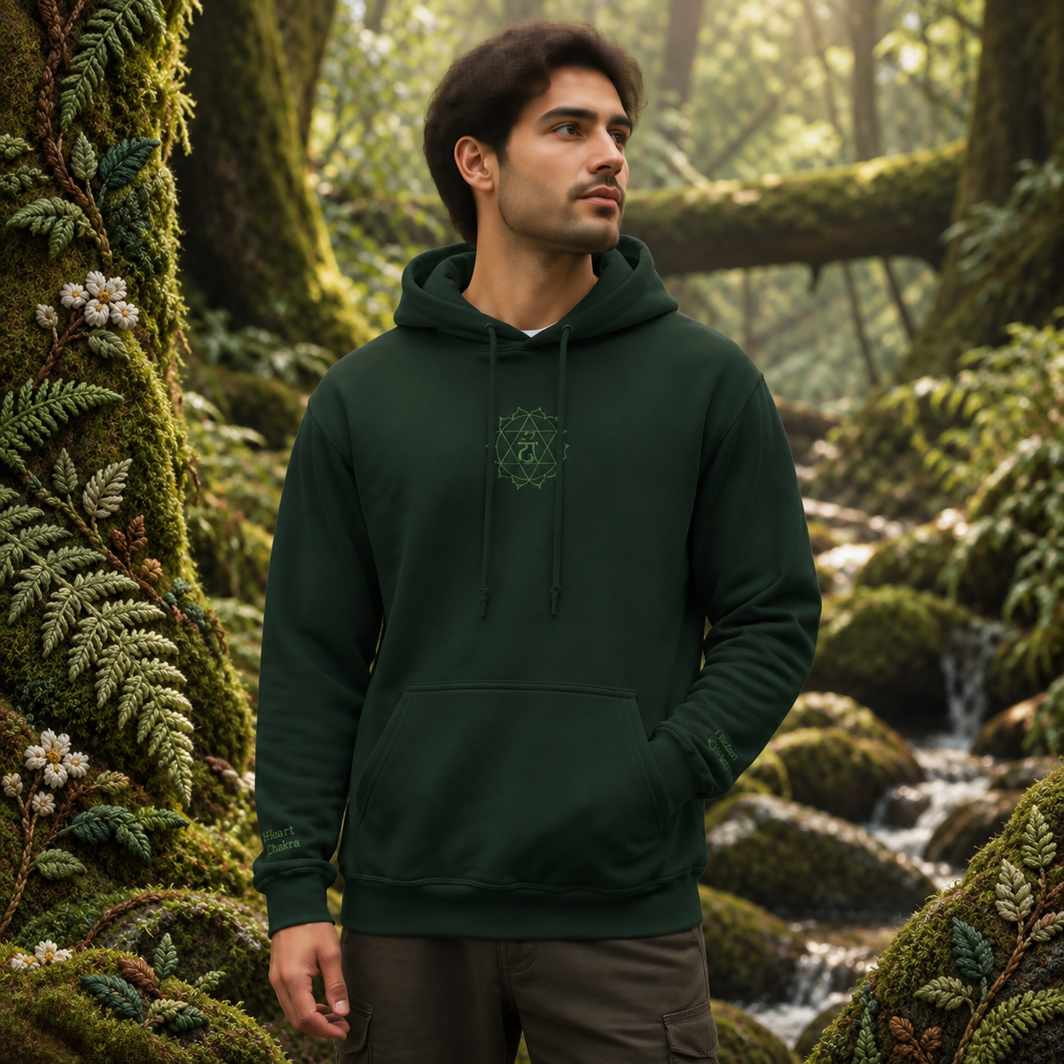 Heart Chakra Hoodie in Forest Green – Bright Future product image — realistic model in an embroidered nature scene.