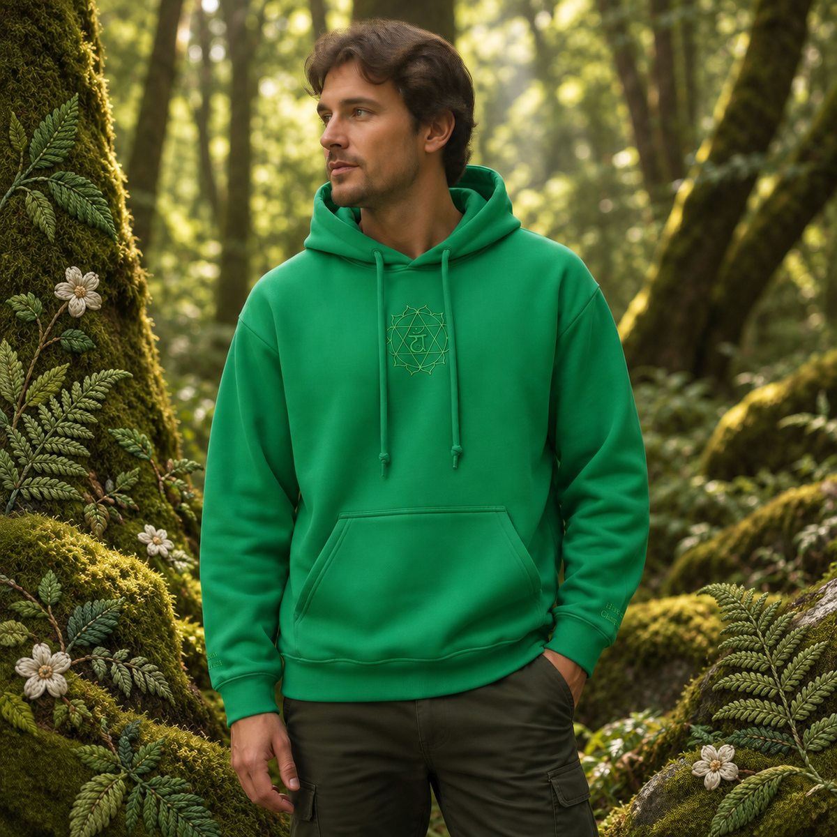 Heart Chakra Hoodie in Green – Bright Future product image — realistic model in an embroidered nature scene.