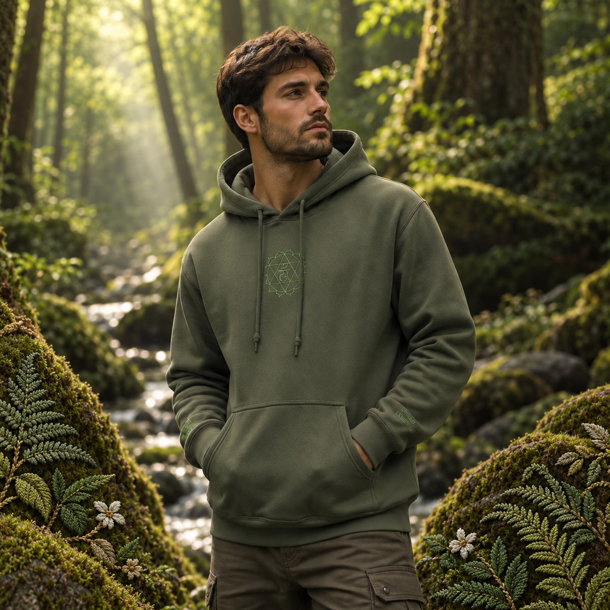 Heart Chakra Hoodie in Military Green – Bright Future product image — realistic model in an embroidered nature scene.