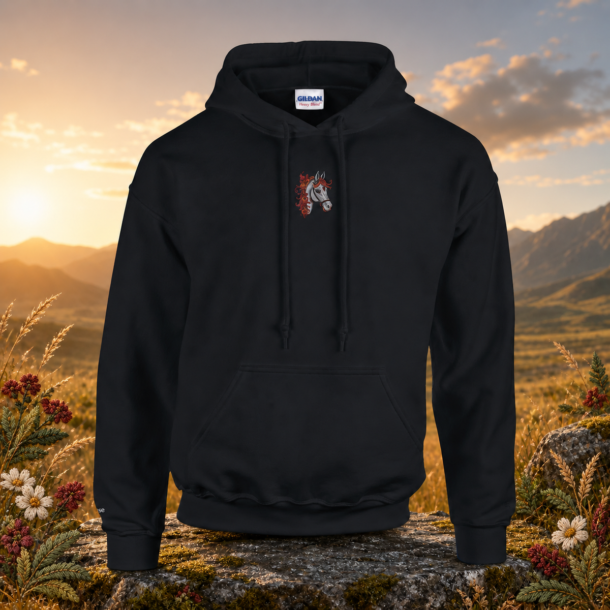 Horse Chinese Zodiac Hoodie in Black – Bright Future product image — original product in a realistic nature scene with embroidered environmental details.