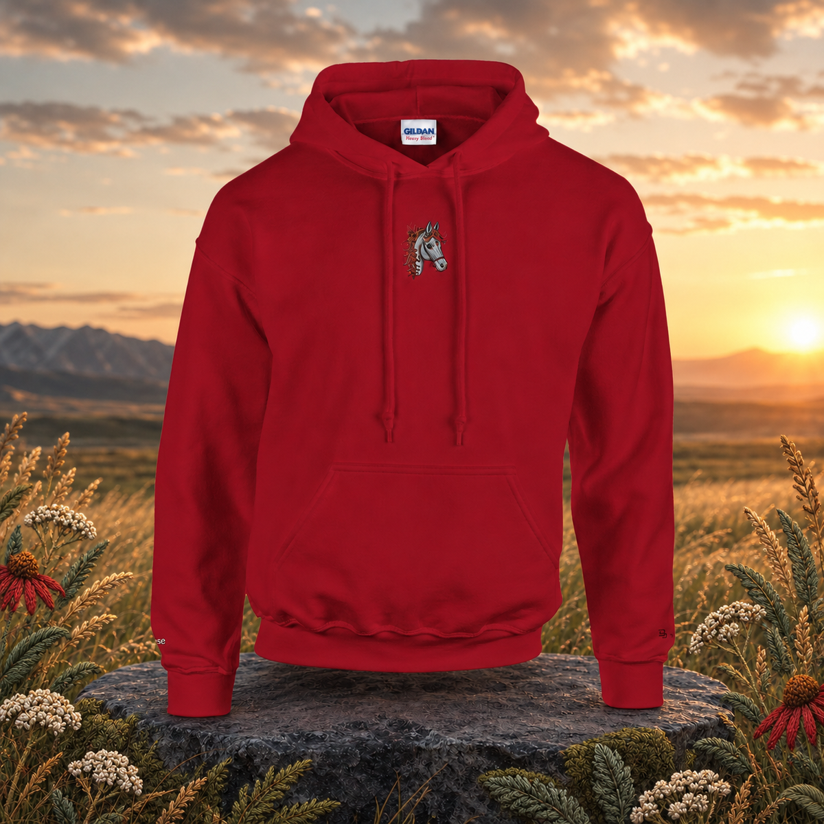 Horse Chinese Zodiac Hoodie in Cherry Red – Bright Future product image — original product in a realistic nature scene with embroidered environmental details.