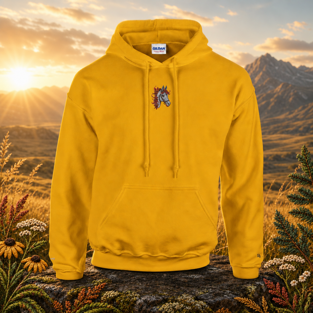 Horse Chinese Zodiac Hoodie in Gold – Bright Future product image — original product in a realistic nature scene with embroidered environmental details.