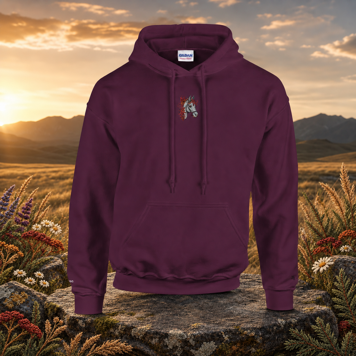 Horse Chinese Zodiac Hoodie in Maroon – Bright Future product image — original product in a realistic nature scene with embroidered environmental details.