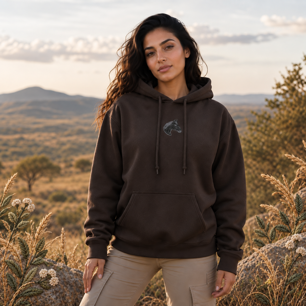 Horse Hoodie – Freedom, Spirit & Strength in Dark Chocolate – Bright Future product image — realistic model in an embroidered nature scene.