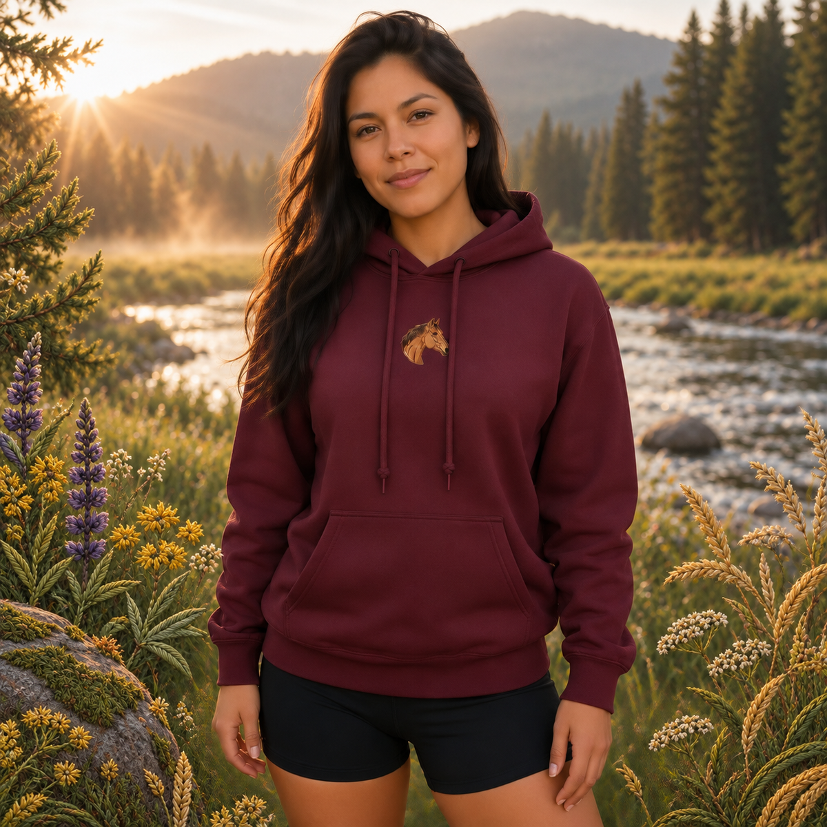 Horse Hoodie – Freedom, Spirit & Strength in Maroon – Bright Future product image — realistic model in an embroidered nature scene.