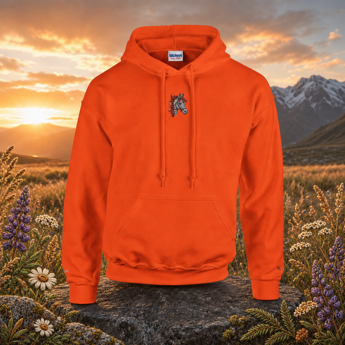 Horse Chinese Zodiac Hoodie in Orange – Bright Future product image — original product in a realistic nature scene with embroidered environmental details.