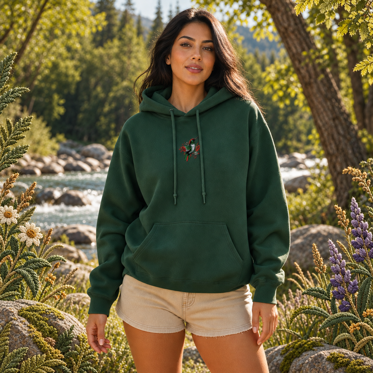 Hummingbird Hoodie in Forest Green – Bright Future product image — realistic model in an embroidered nature scene.