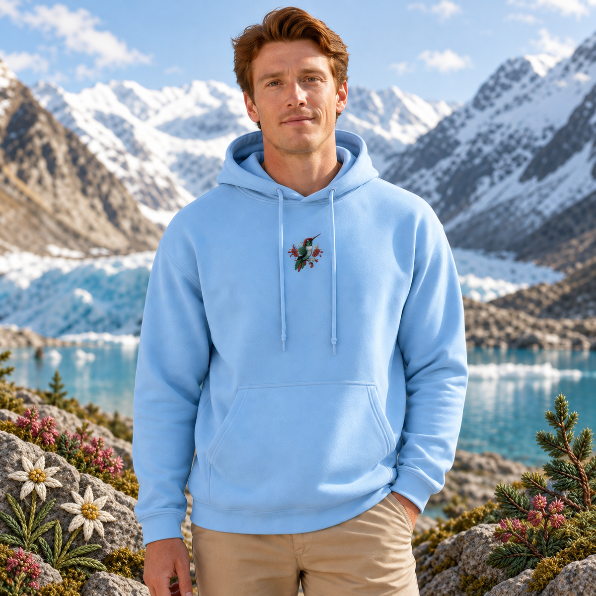 Hummingbird Hoodie in Light Blue – Bright Future product image — realistic model in an embroidered nature scene.