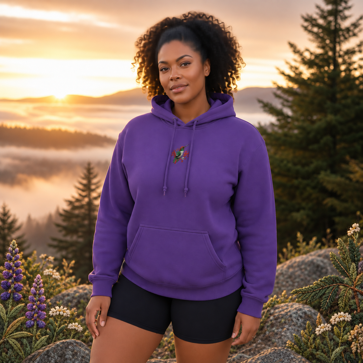 Hummingbird Hoodie in Purple – Bright Future product image — realistic model in an embroidered nature scene.