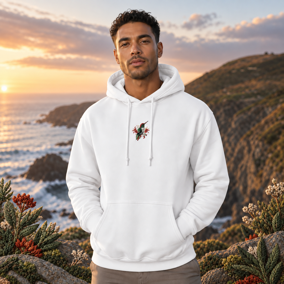Hummingbird Hoodie in White – Bright Future product image — realistic model in an embroidered nature scene.