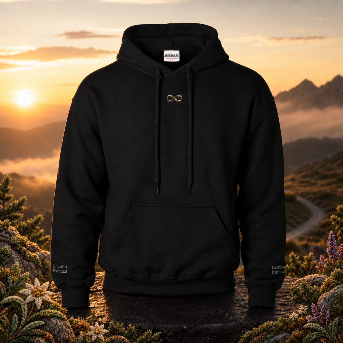 Infinity Symbol Hoodie in Black – Bright Future product image — original product in a realistic nature scene with embroidered environmental details.