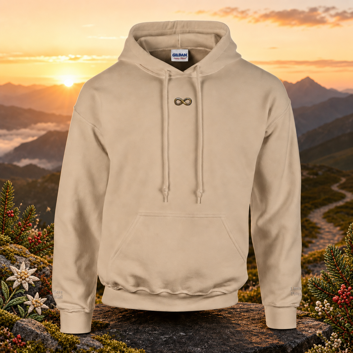 Infinity Symbol Hoodie in Sand – Bright Future product image — original product in a realistic nature scene with embroidered environmental details.