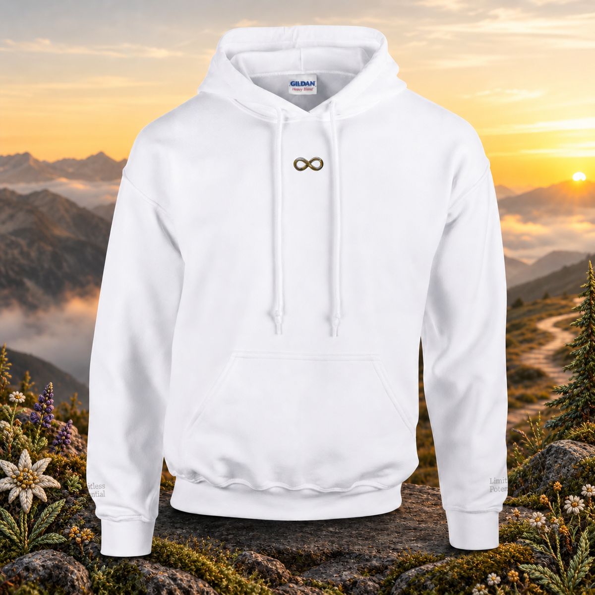 Infinity Symbol Hoodie in White – Bright Future product image — original product in a realistic nature scene with embroidered environmental details.