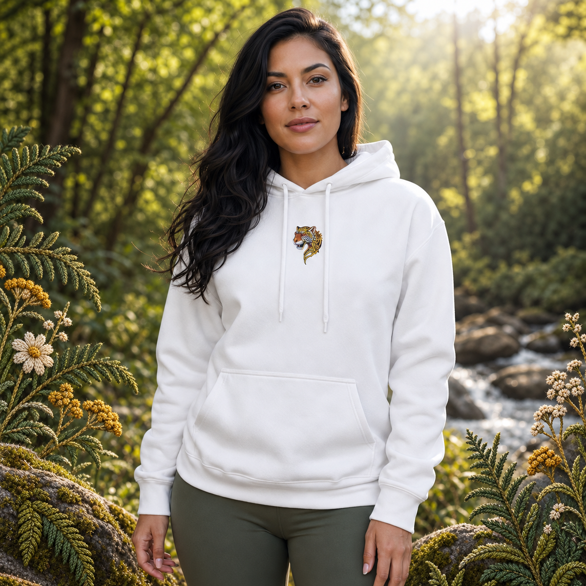 Jaguar Hoodie in White – Bright Future product image — realistic model in an embroidered nature scene.
