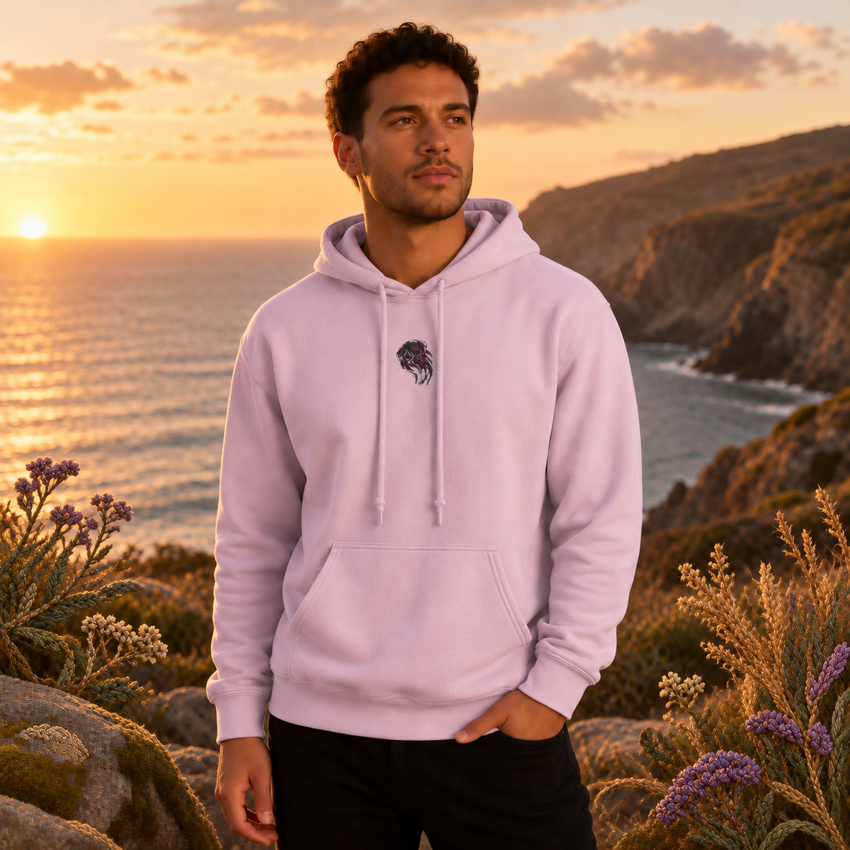 Jellyfish Hoodie – Flow, Light & Surrender in Light Pink – Bright Future product image — realistic model in an embroidered nature scene.