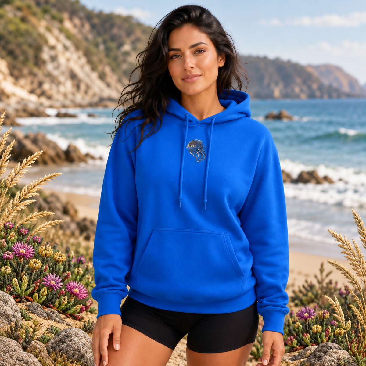 Jellyfish Hoodie – Flow, Light & Surrender – Bright Future product image — realistic model in an embroidered nature scene.