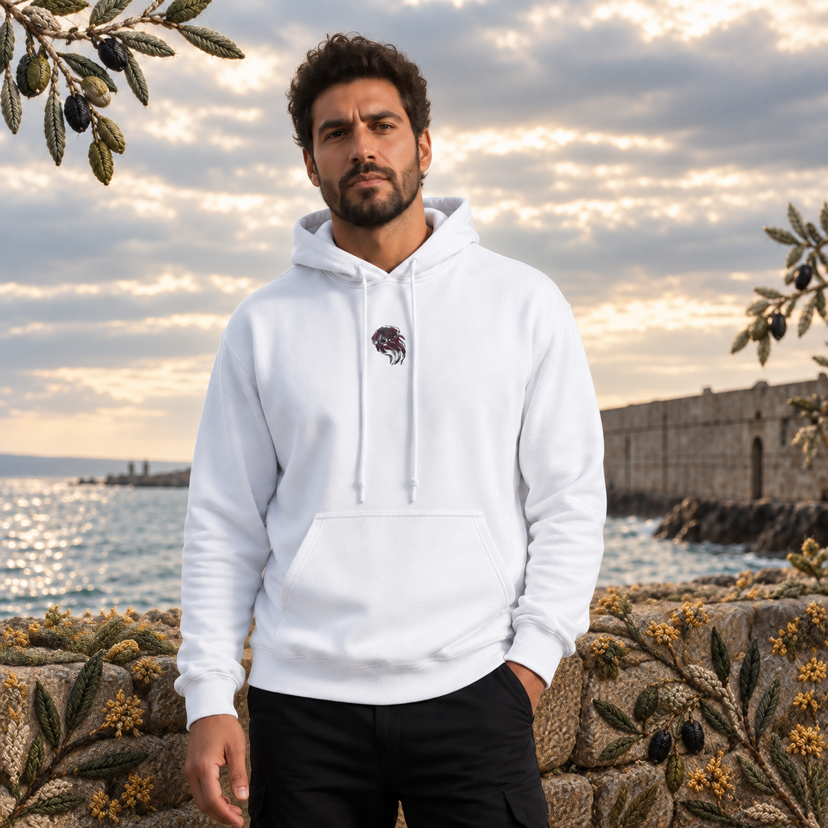 Jellyfish Hoodie – Flow, Light & Surrender in White – Bright Future product image — realistic model in an embroidered nature scene.
