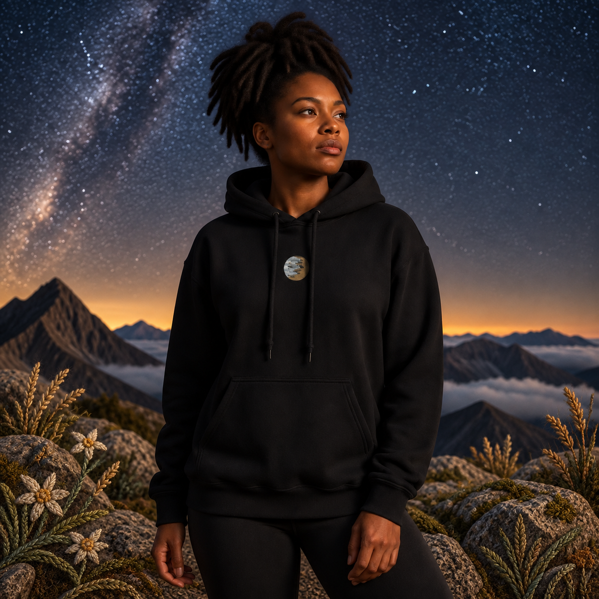 Jupiter Planet Hoodie in Black – Bright Future product image — realistic model in an embroidered nature scene.