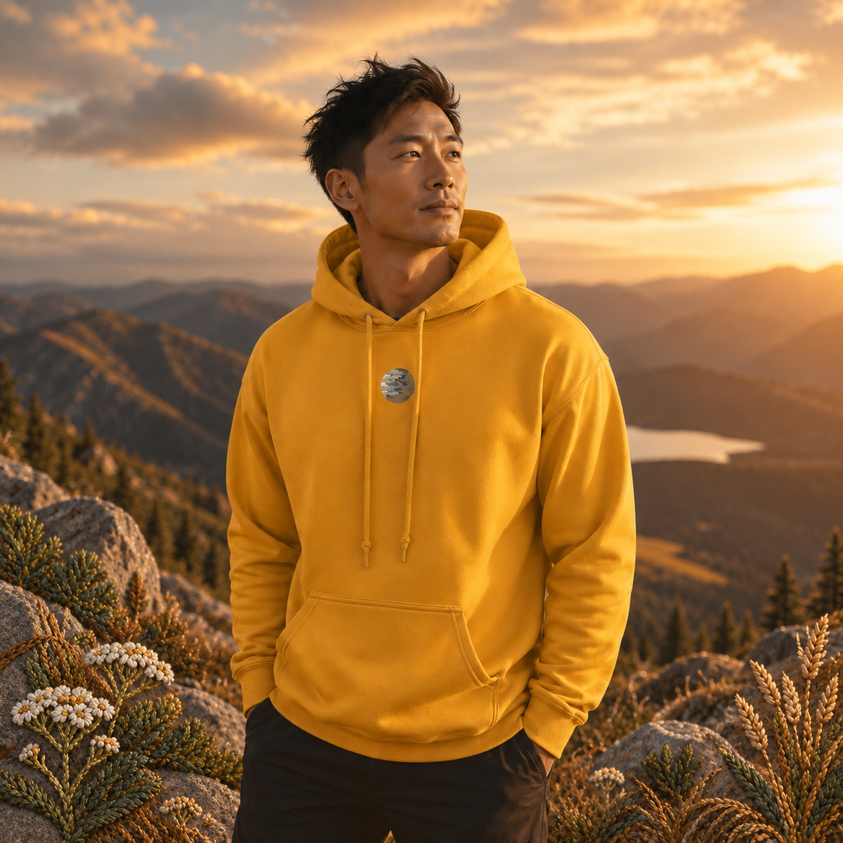 Jupiter Planet Hoodie in Gold – Bright Future product image — realistic model in an embroidered nature scene.