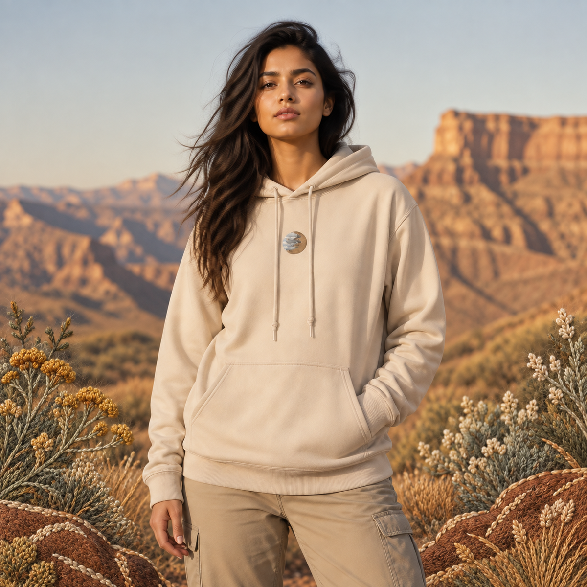 Jupiter Planet Hoodie in Sand – Bright Future product image — realistic model in an embroidered nature scene.