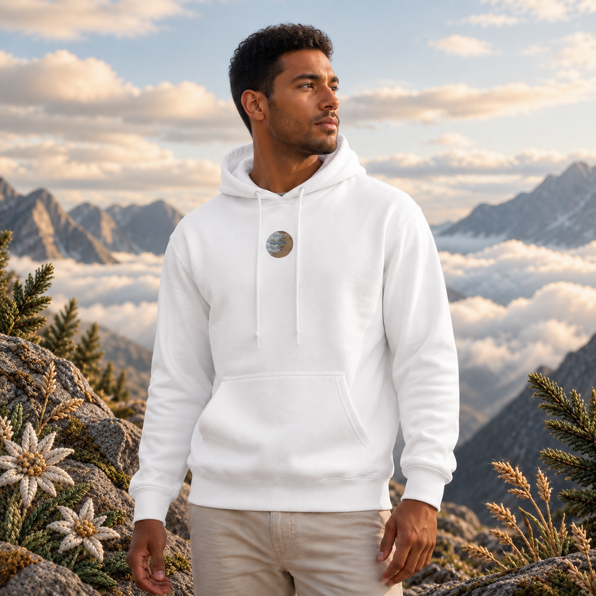 Jupiter Planet Hoodie in White – Bright Future product image — realistic model in an embroidered nature scene.