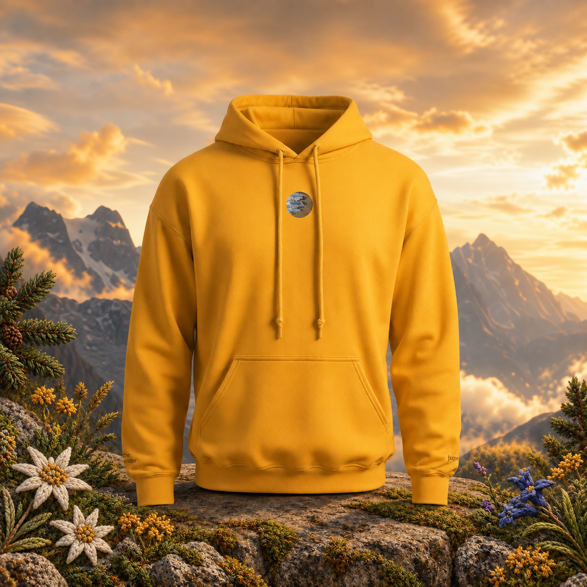 Jupiter Planet Hoodie in Gold – Bright Future product image — original product in a realistic nature scene with embroidered environmental details.