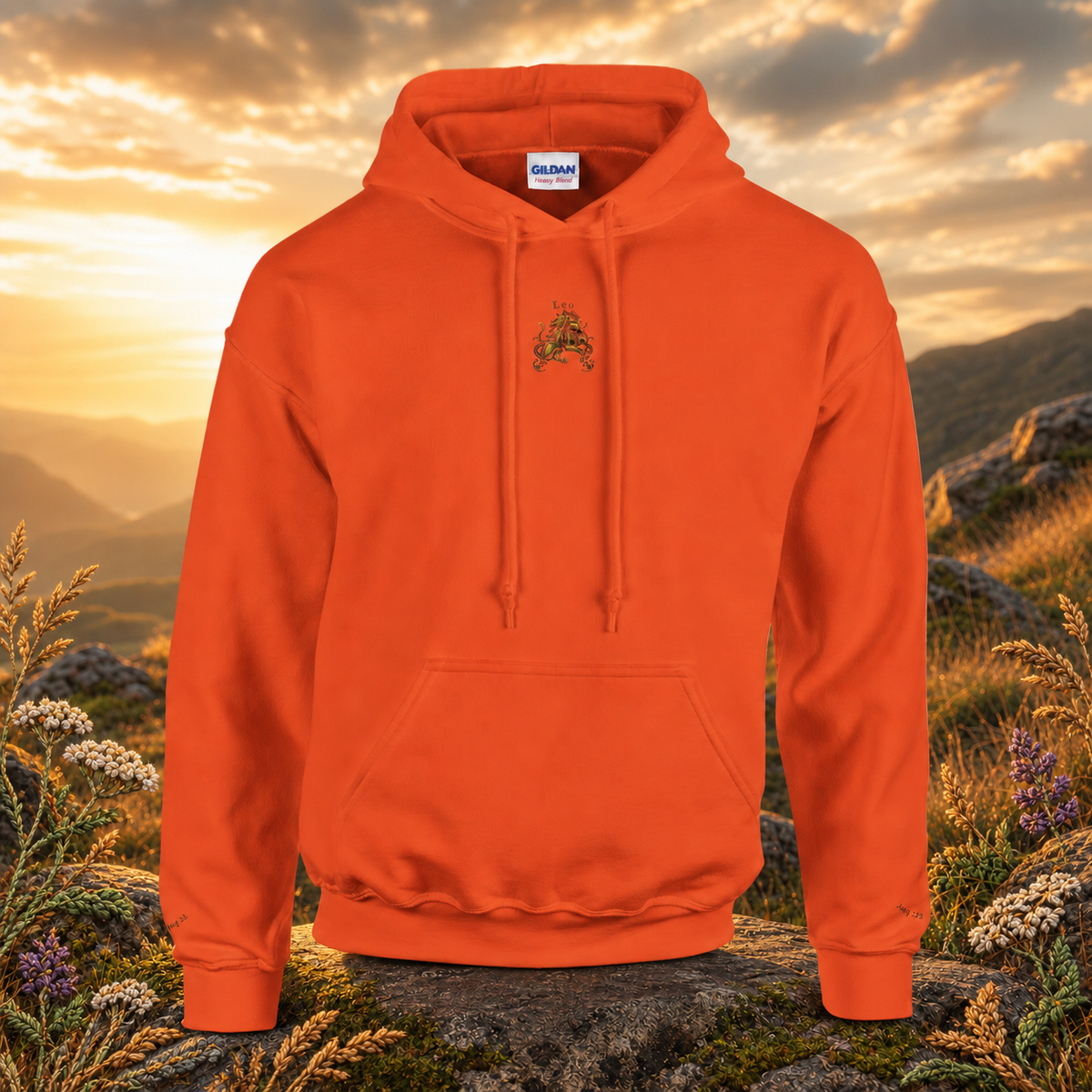Leo Zodiac Hoodie in Orange – Bright Future product image — original product in a realistic nature scene with embroidered environmental details.