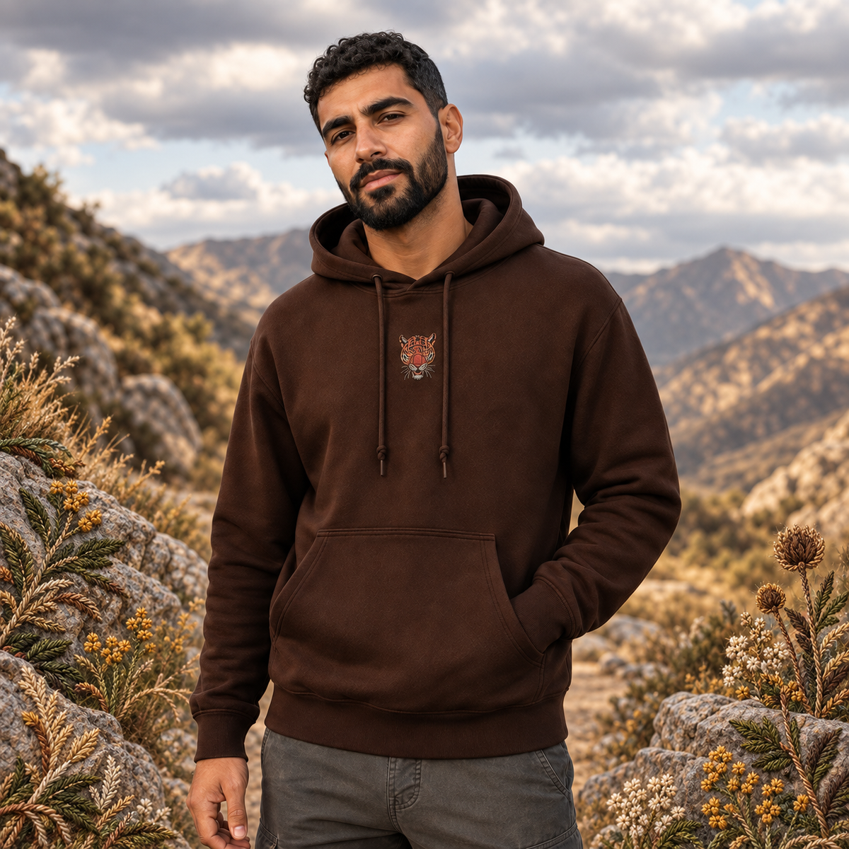 Leopard Hoodie in Dark Chocolate – Bright Future product image — realistic model in an embroidered nature scene.
