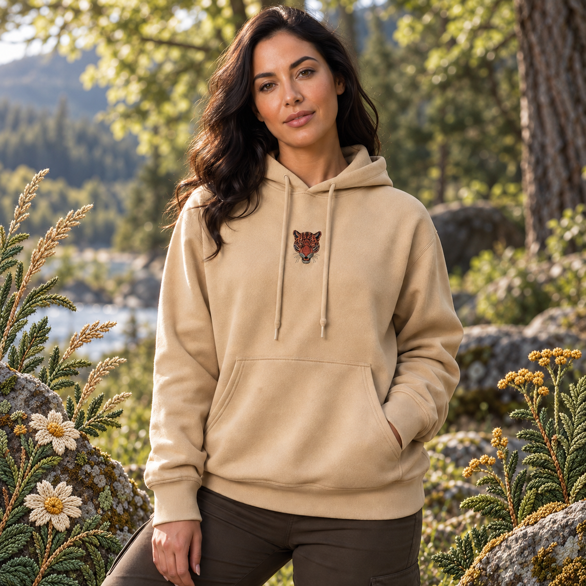 Leopard Hoodie in Sand – Bright Future product image — realistic model in an embroidered nature scene.