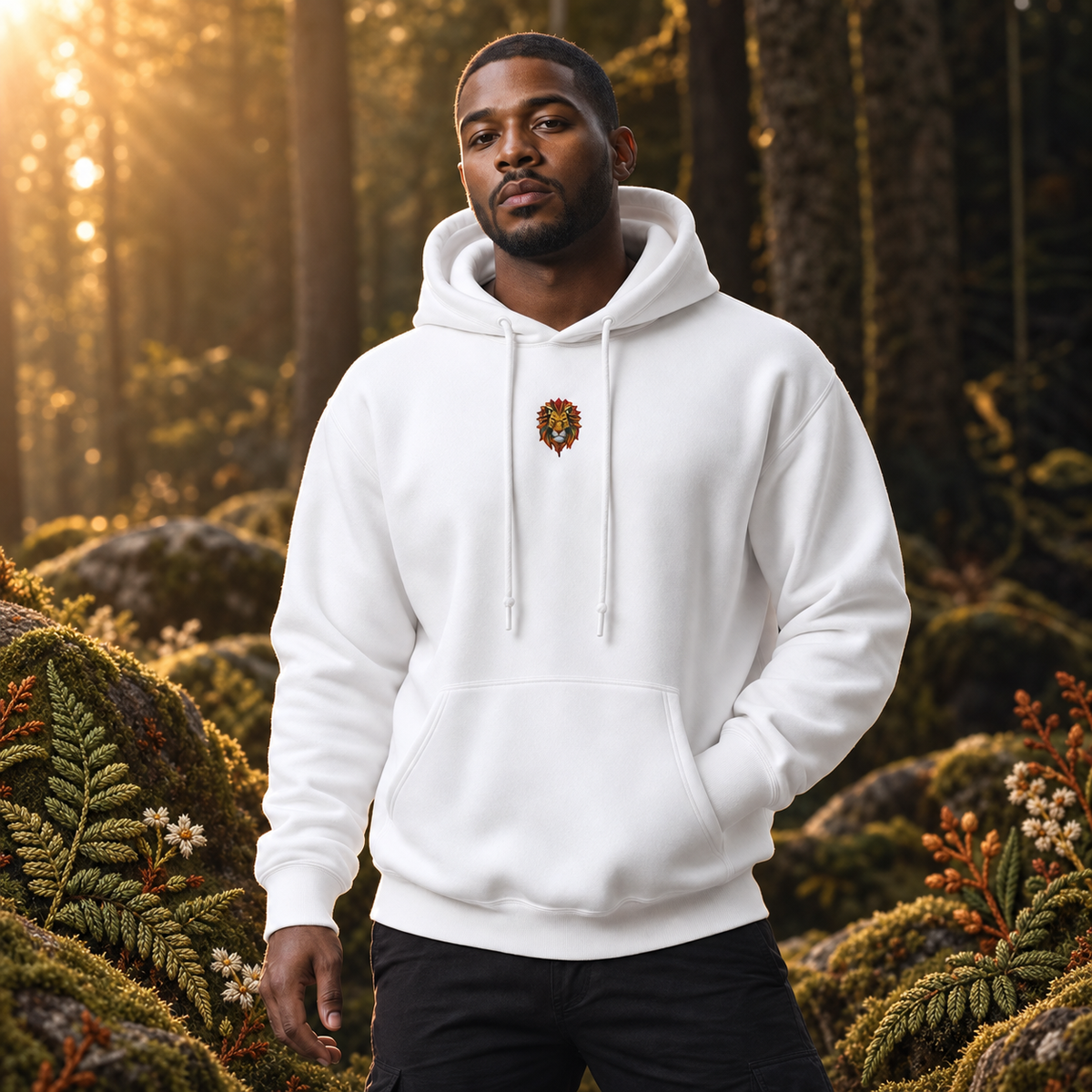 Lion Hoodie – Strength, Power & Confidence in White – Bright Future product image — realistic model in an embroidered nature scene.