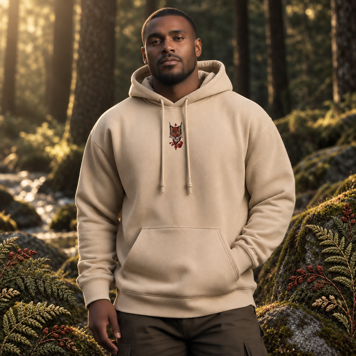 Lynx Hoodie in Sand – Bright Future product image — realistic model in an embroidered nature scene.