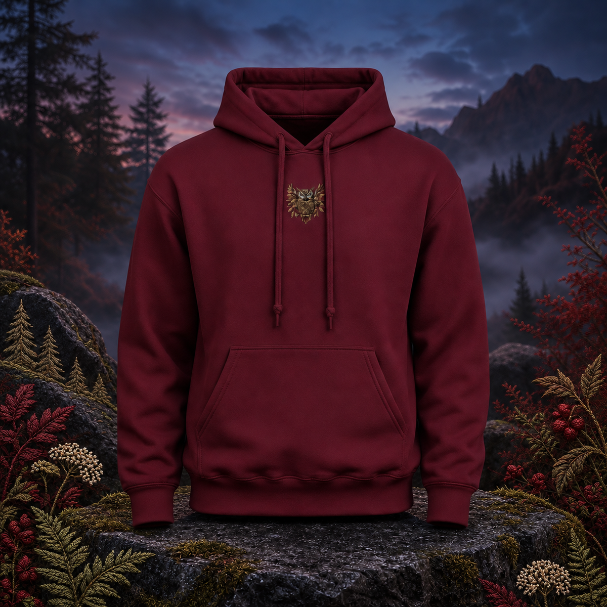 Owl Hoodie – Wisdom, Intuition & Mystery in Maroon – Bright Future product image — original product in a realistic nature scene with embroidered environmental details.