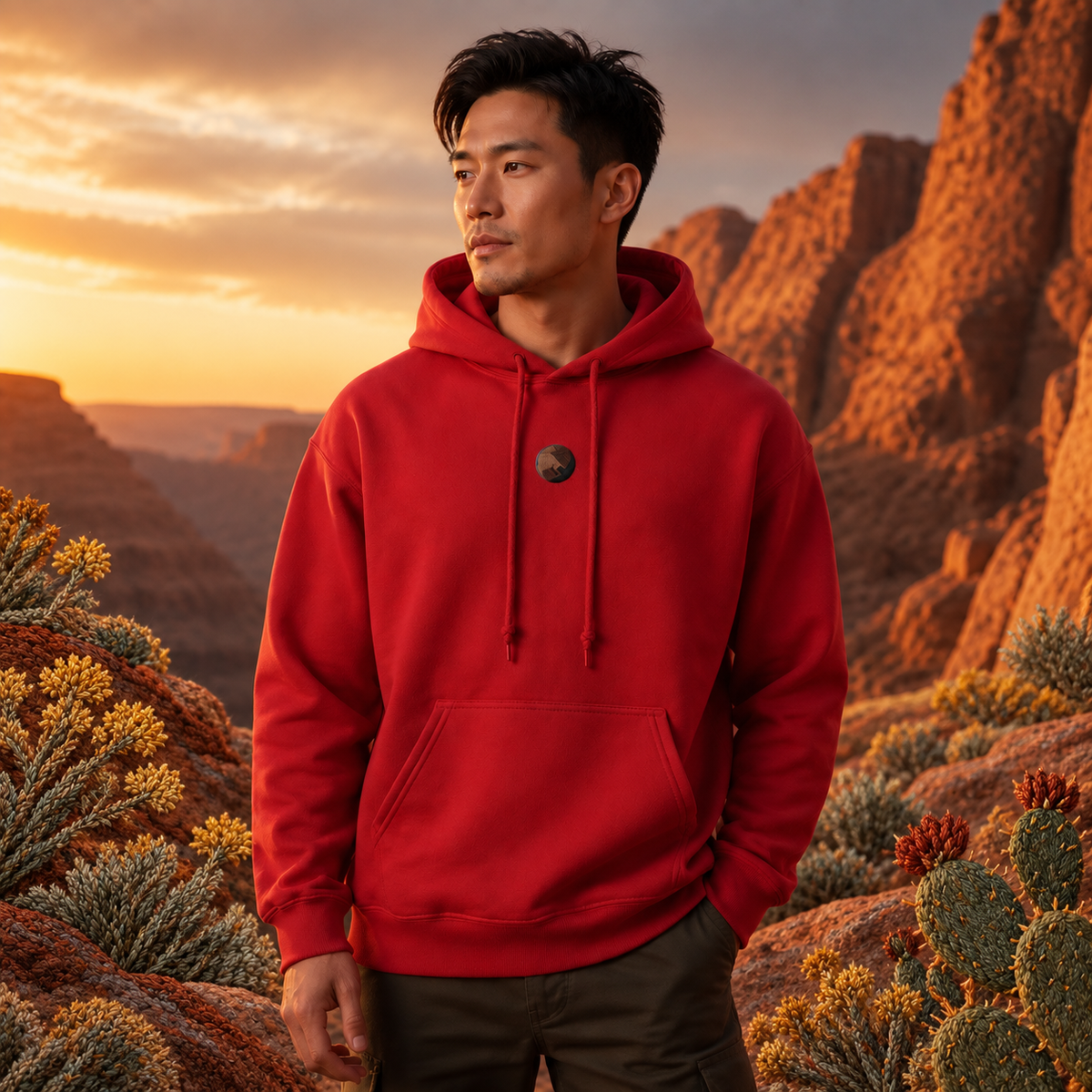 Mars Planet Hoodie in Cherry Red – Bright Future product image — realistic model in an embroidered nature scene.