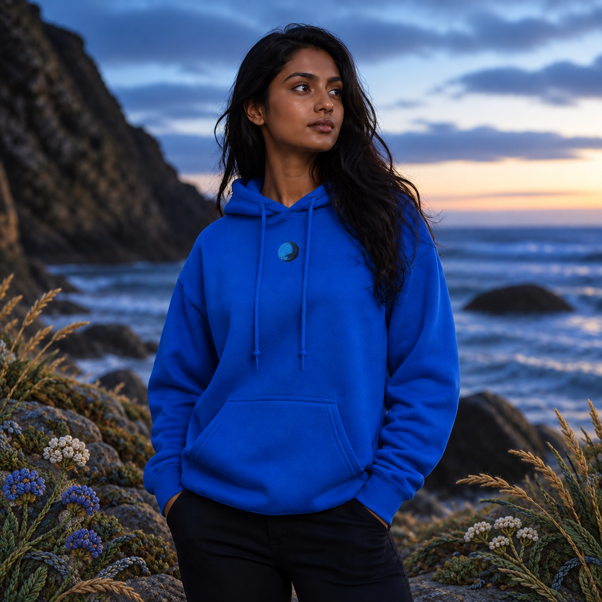 Neptune Planet Hoodie – Bright Future product image — realistic model in an embroidered nature scene.