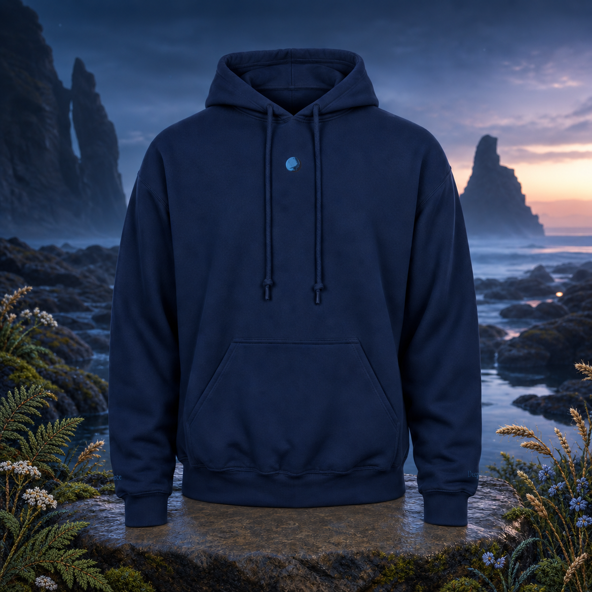 Neptune Planet Hoodie in Navy – Bright Future product image — original product in a realistic nature scene with embroidered environmental details.