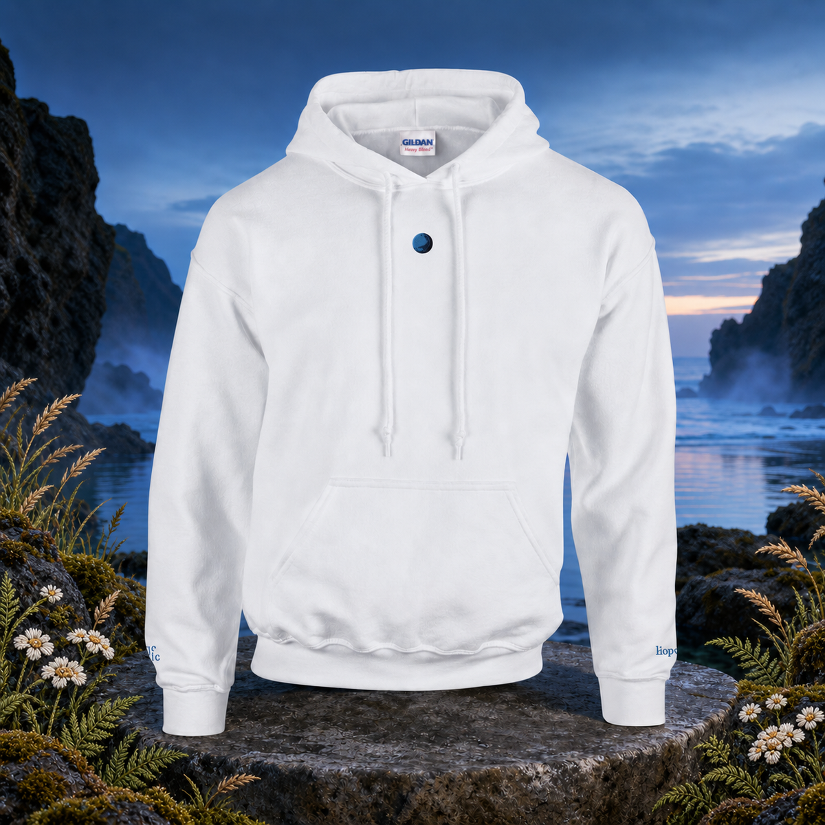 Neptune Planet Hoodie in White – Bright Future product image — original product in a realistic nature scene with embroidered environmental details.