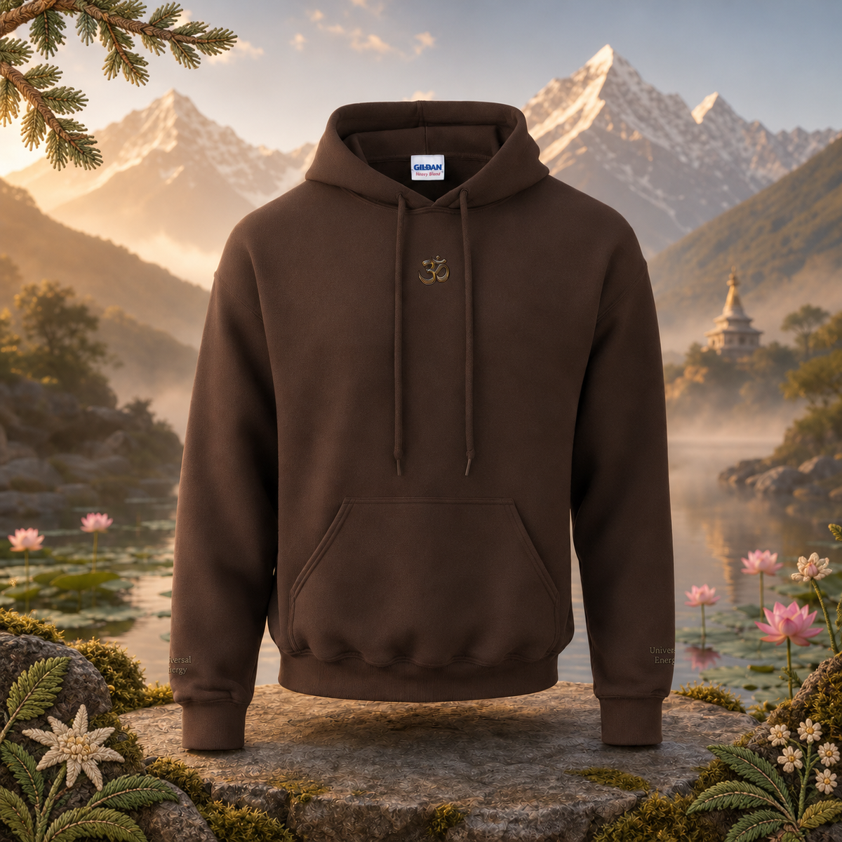 Om Symbol Hoodie in Dark Chocolate – Bright Future product image — original product in a realistic nature scene with embroidered environmental details.