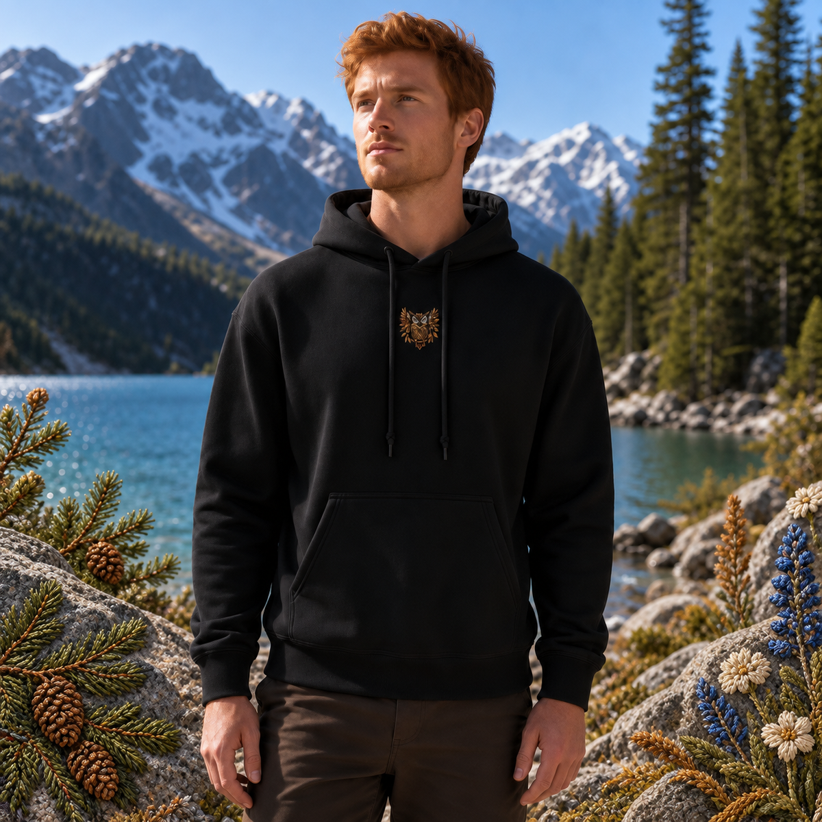 Owl Hoodie – Wisdom, Intuition & Mystery in Black – Bright Future product image — realistic model in an embroidered nature scene.