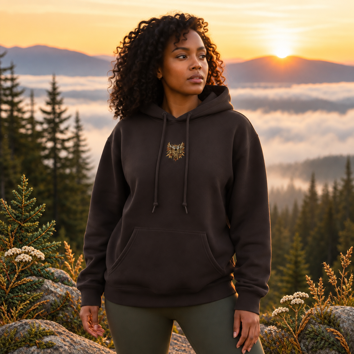 Owl Hoodie – Wisdom, Intuition & Mystery in Dark Chocolate – Bright Future product image — realistic model in an embroidered nature scene.