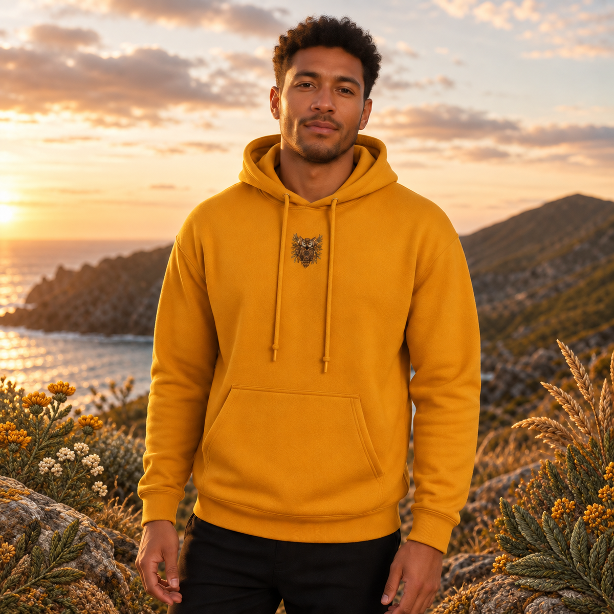 Owl Hoodie – Wisdom, Intuition & Mystery in Gold – Bright Future product image — realistic model in an embroidered nature scene.