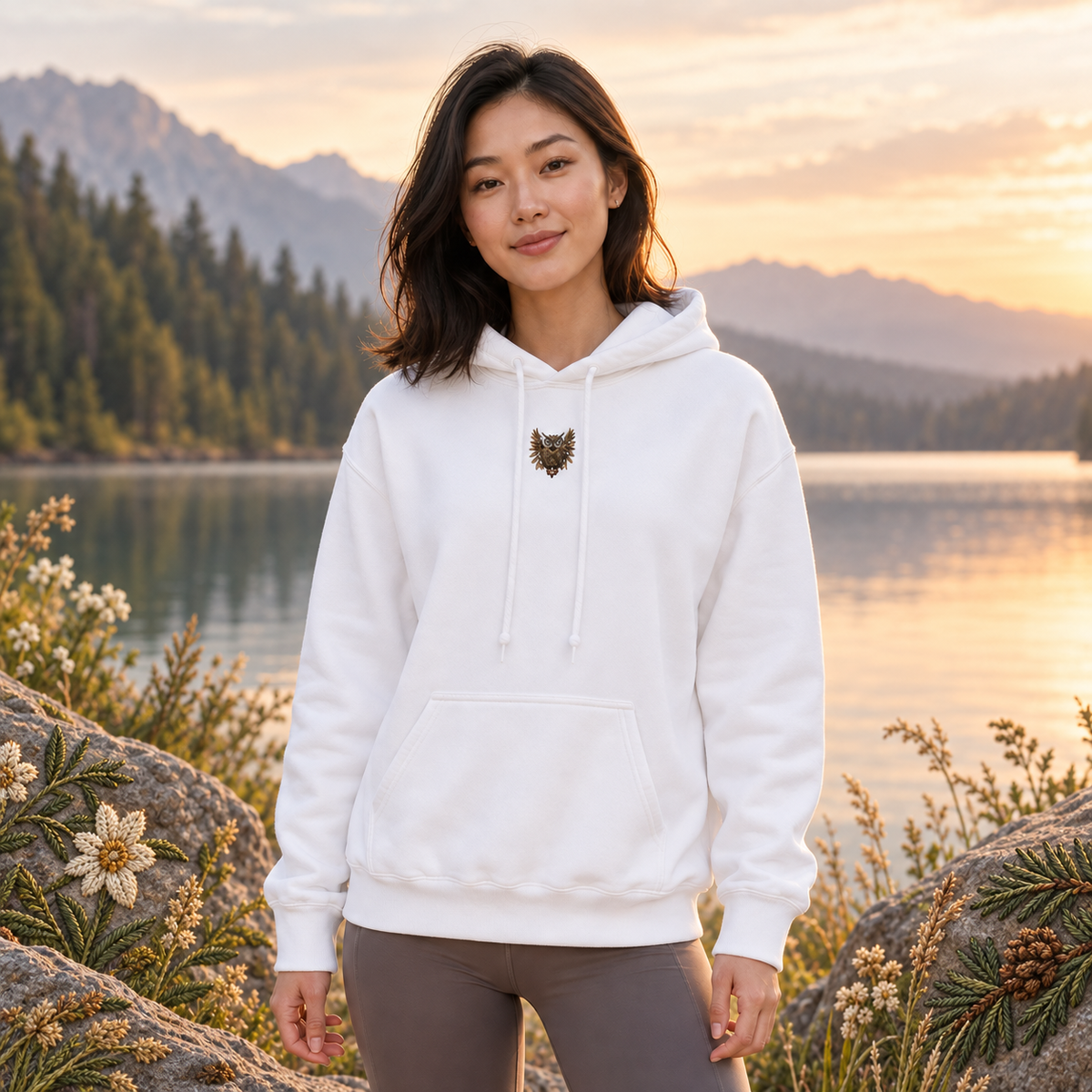 Owl Hoodie – Wisdom, Intuition & Mystery in White – Bright Future product image — realistic model in an embroidered nature scene.