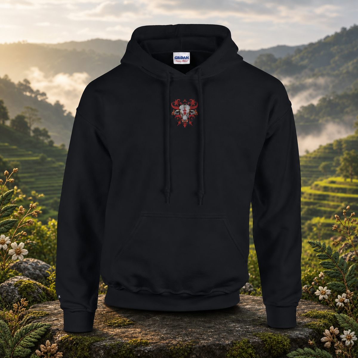 Ox Chinese Zodiac Hoodie in Black – Bright Future product image — original product in a realistic nature scene with embroidered environmental details.