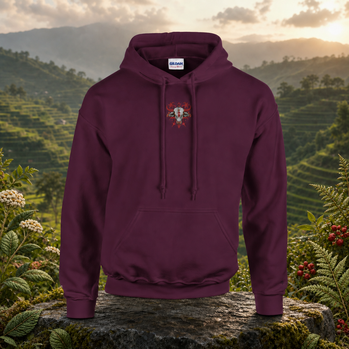 Ox Chinese Zodiac Hoodie in Maroon – Bright Future product image — original product in a realistic nature scene with embroidered environmental details.