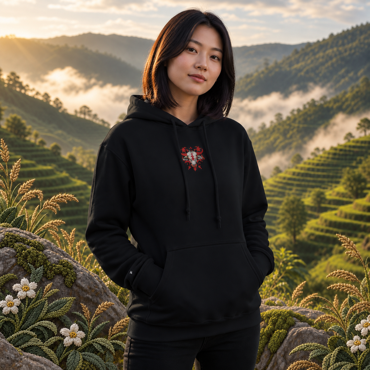 Ox Chinese Zodiac Hoodie in Black – Bright Future product image — realistic model in an embroidered nature scene.