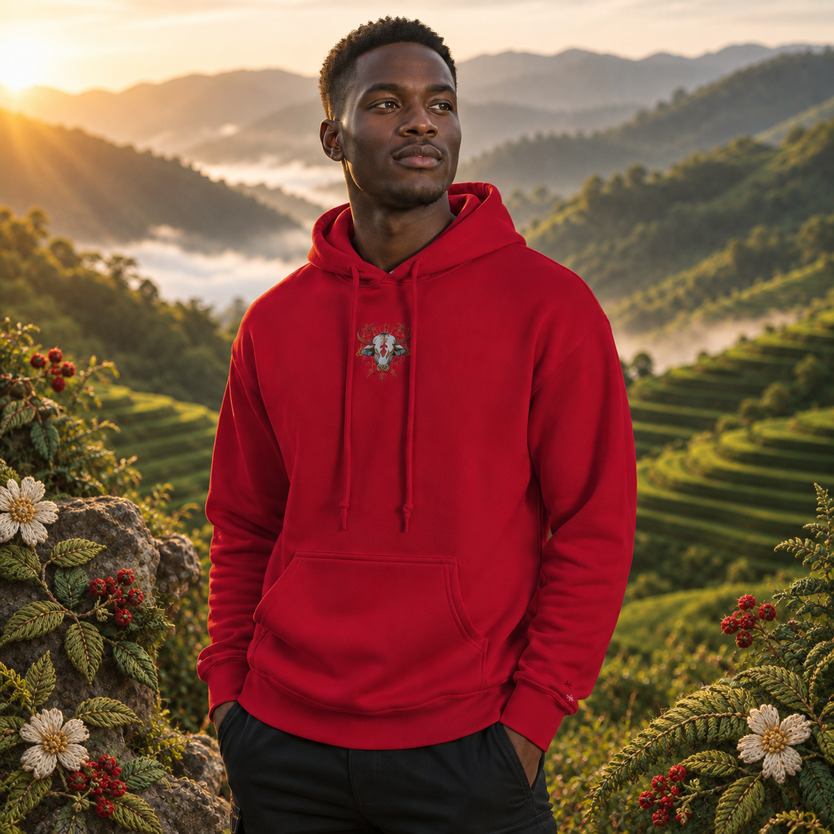 Ox Chinese Zodiac Hoodie in Cherry Red – Bright Future product image — realistic model in an embroidered nature scene.