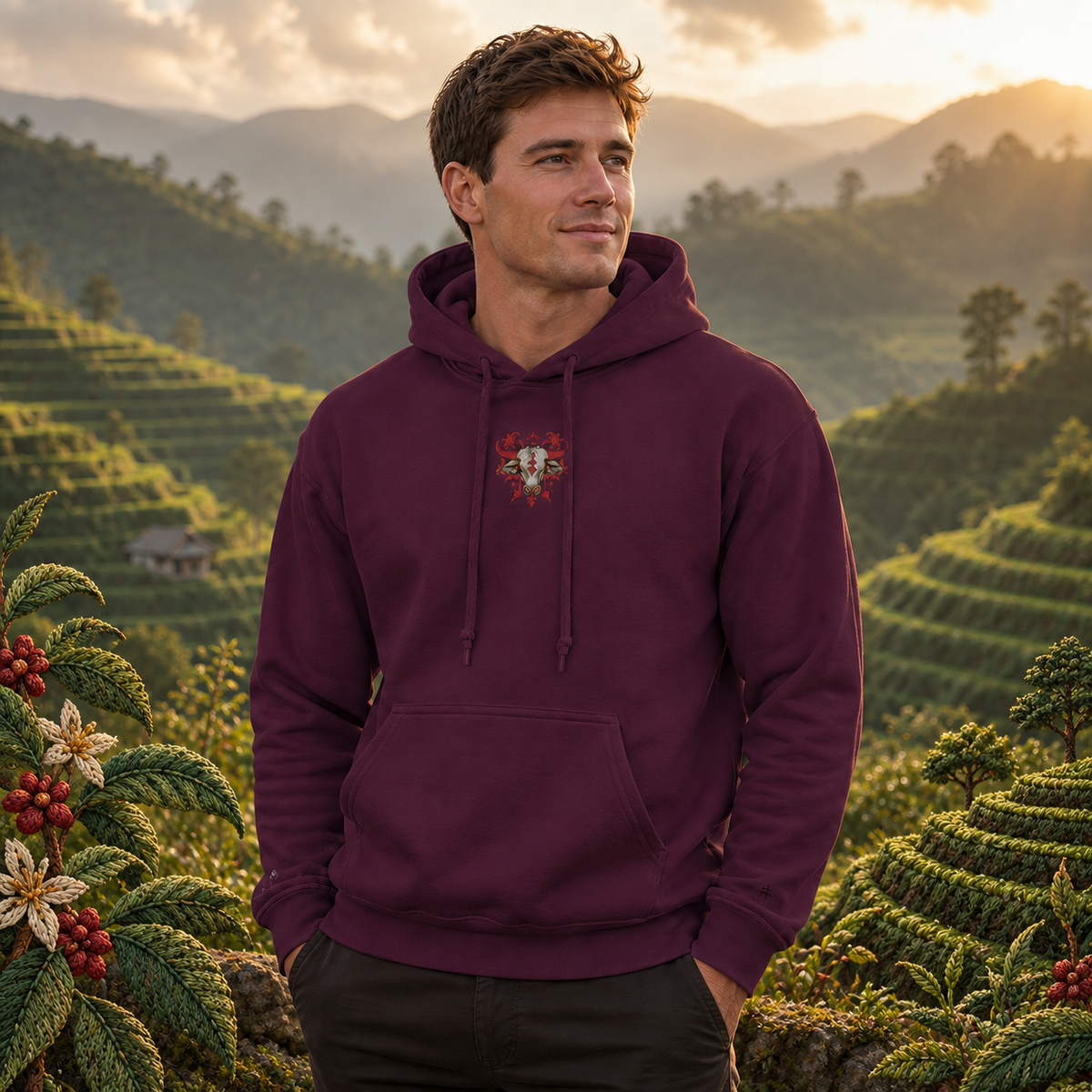 Ox Chinese Zodiac Hoodie in Maroon – Bright Future product image — realistic model in an embroidered nature scene.